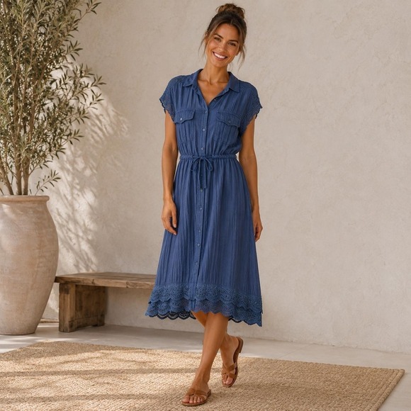 Sundance Dresses & Skirts - SUNDANCE Women's Midi Dress MEDIUM Embroidered Tie Waist 100% Cotton